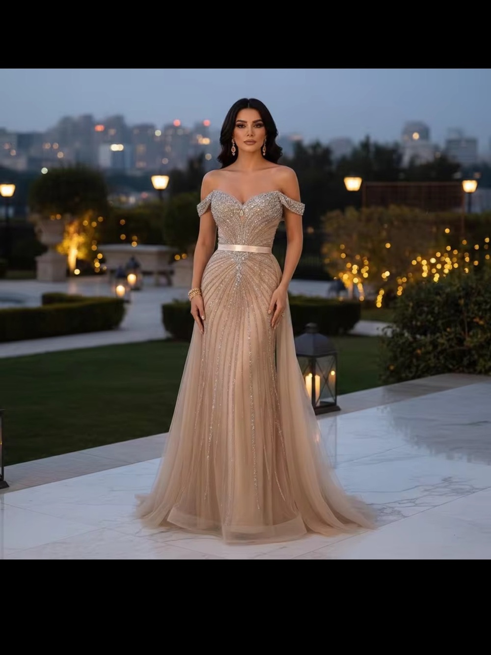 Beaded Off-Shoulder Evening Gown in Champagne